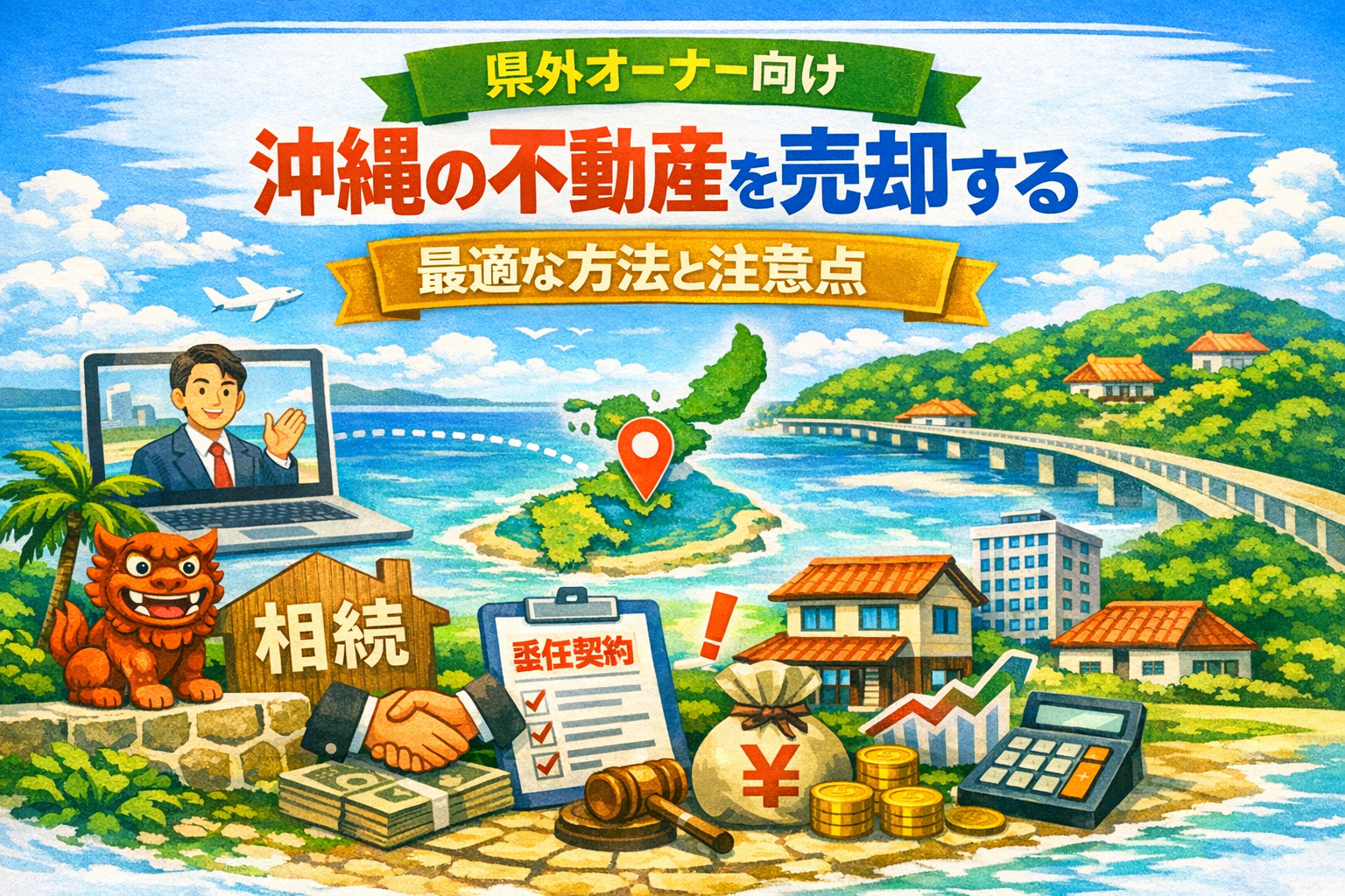 沖縄の不動産を県外から売却するイメージ。沖縄の地図、委任契約書、家のイラスト、県外オーナーを示すパソコン画面などを組み合わせたデザイン。