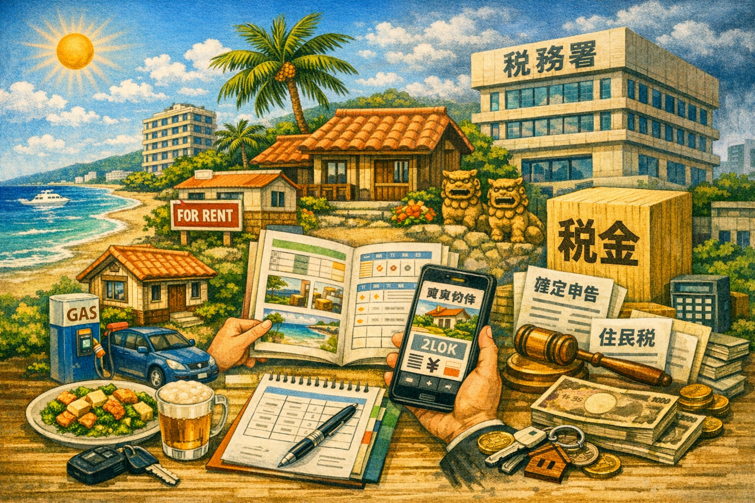 沖縄の生活費と税金をイメージした構図。家計簿、電卓、通貨、税務署の建物、海辺の住宅を描いたイラスト。