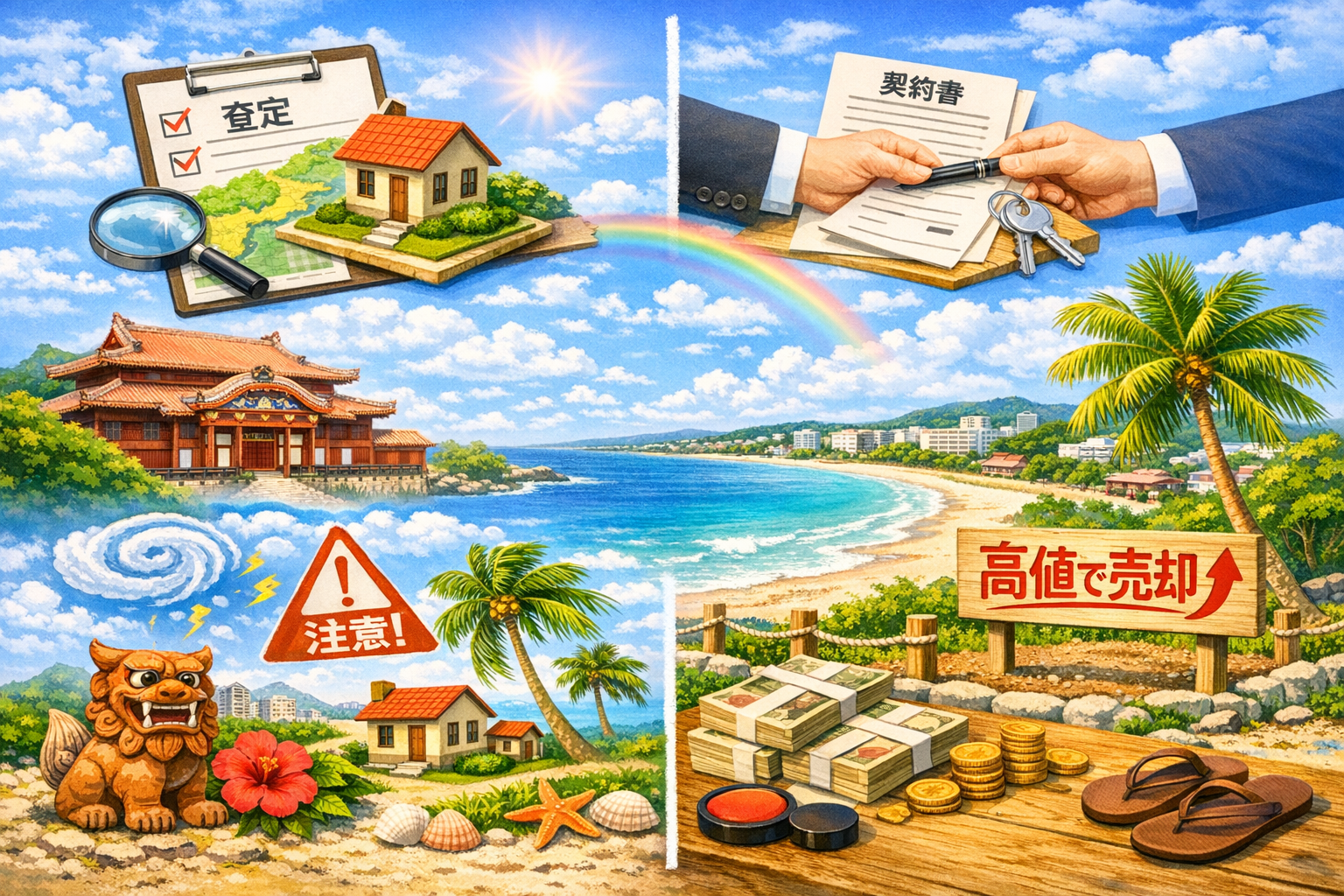 沖縄の土地売却の流れを示すイメージ。査定・契約・売却完了の看板と、海辺の街並み、首里城、家の模型を手渡すシーン。