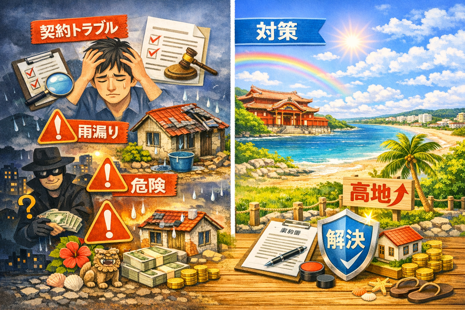 沖縄の不動産売却トラブルと対策を示すイメージ。困った男性、警告アイコン、雨漏りの家、不審な人物、契約書と家の模型、解決の盾が描かれた構図