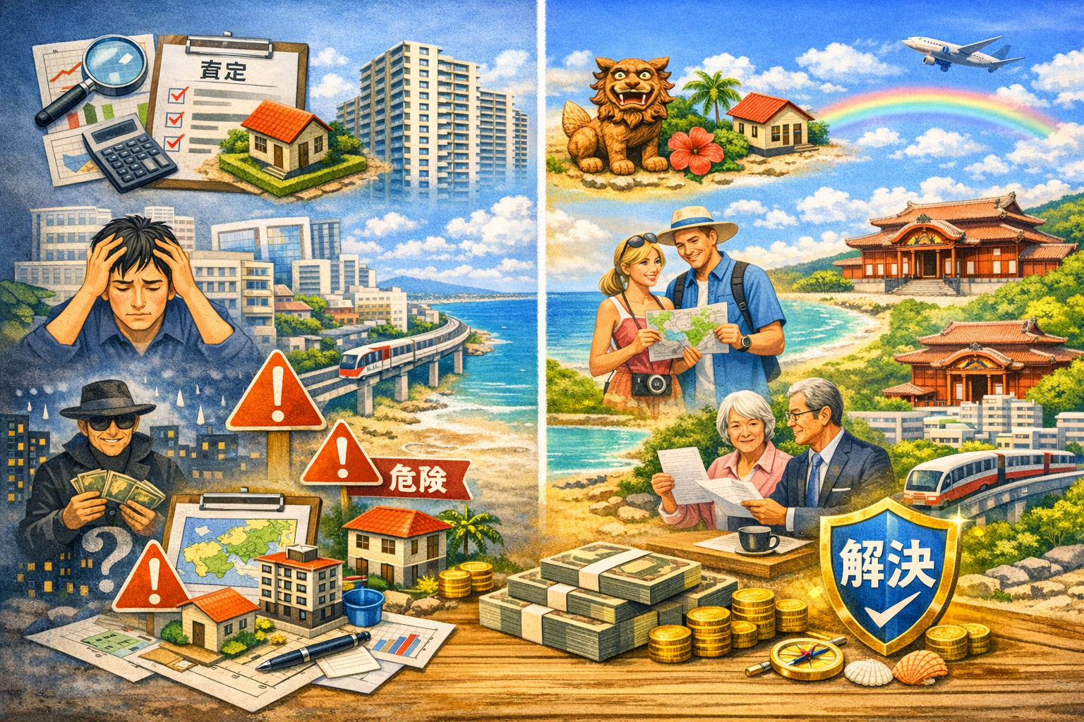 沖縄の不動産査定の仕組みを示すイメージ。査定方法の書類や家の模型、沖縄の地図、外国人需要や相続物件を象徴する人物と風景が描かれている構図。
