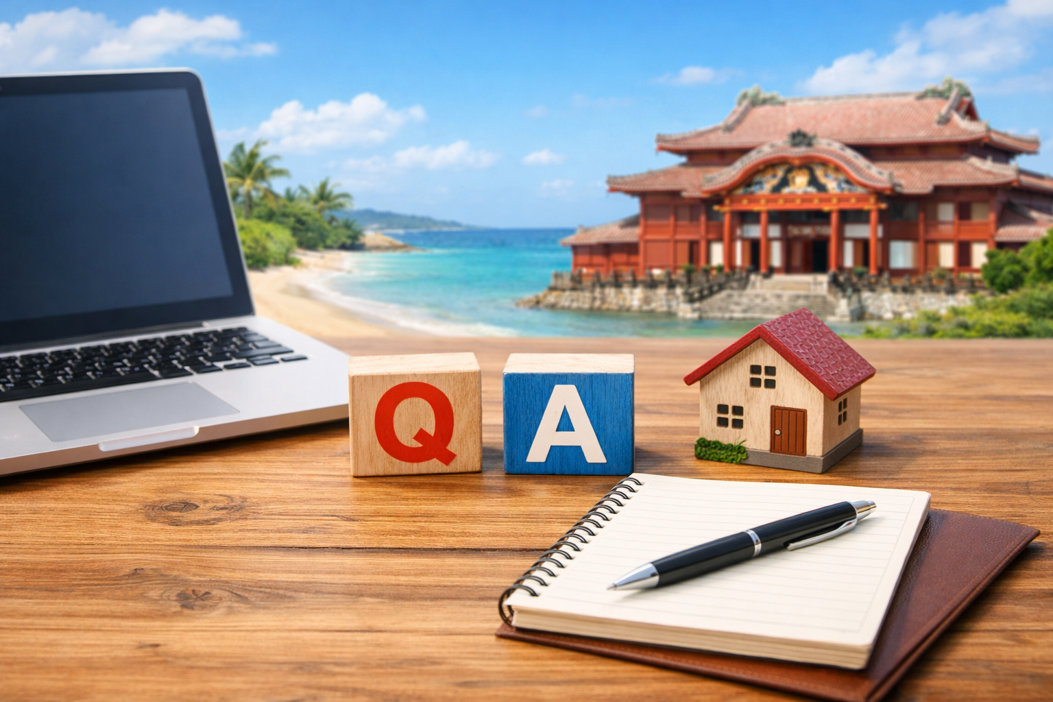 沖縄の不動産売却Q&Aを象徴する構図。木目テーブル上に「Q」「A」ブロック、家の模型、ノートとペンが並び、背景に沖縄の海と首里城が描かれている。