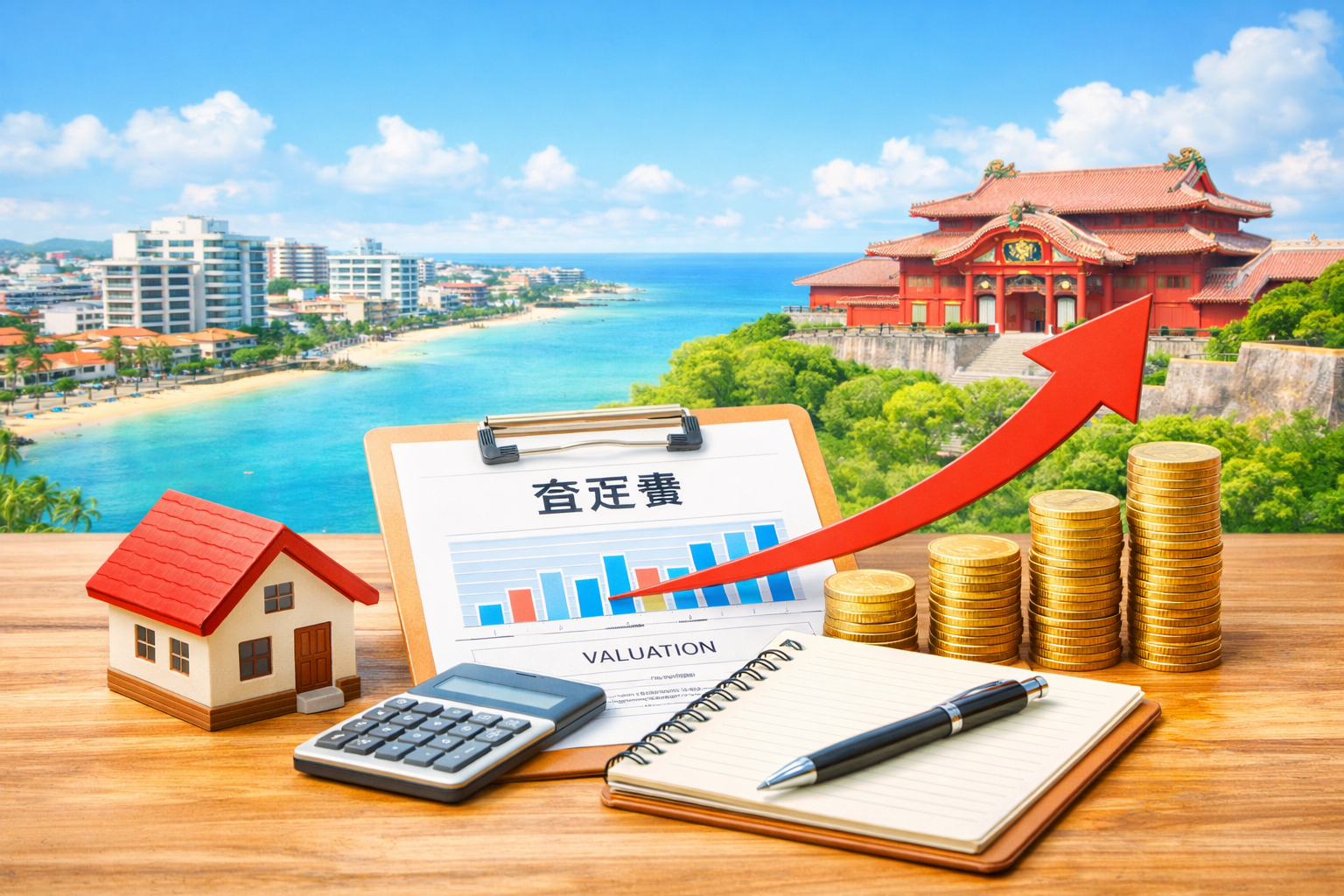 沖縄の不動産売却で高く売るためのイメージ。海沿いの街並みと首里城を背景に、家の模型、査定書類、上昇する赤い矢印、コインの山が並ぶ構図。