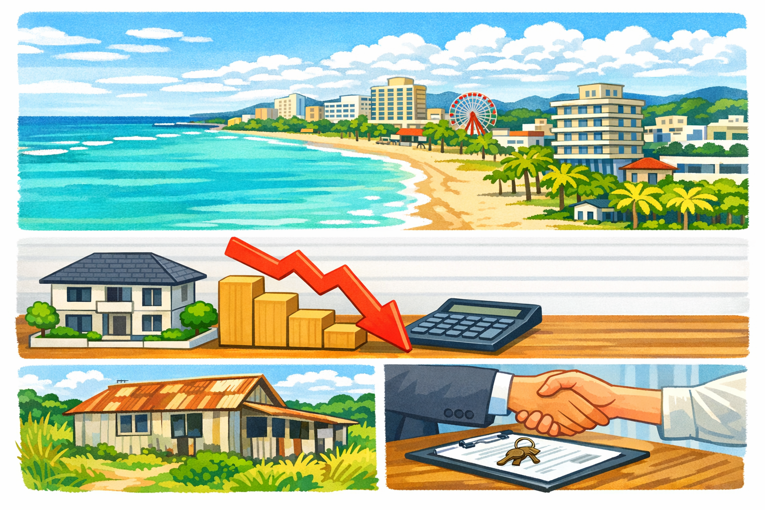 沖縄の海沿いの街並みと不動産価格の値下げを象徴するイラスト。家の模型、下がる赤い矢印、古い空き家、契約の握手シーンを組み合わせ、沖縄不動産売却の判断を表現。
