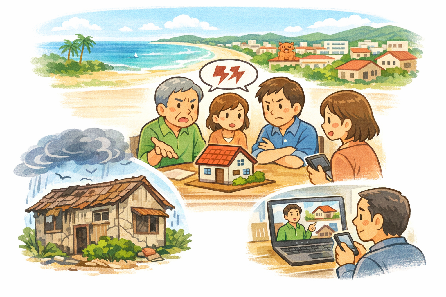 沖縄の不動産売却で起きやすい相続トラブル、空き家の劣化、県外オーナーの遠隔対応などを象徴するイラスト。沖縄の海と街並みを背景に、家族の話し合い、古い空き家、オンライン確認の様子を組み合わせた構成。