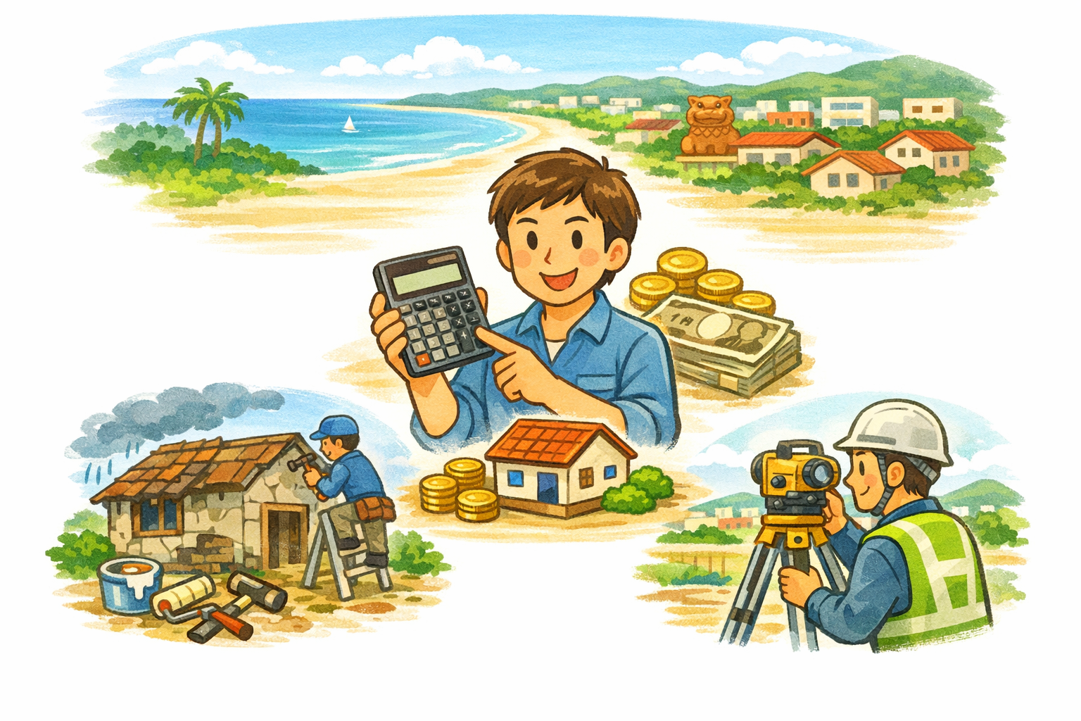 沖縄の不動産売却で必要な初期費用を説明するイラスト。沖縄の海と街並みを背景に、費用計算をする男性、修繕作業中の家、測量士の作業を組み合わせ、仲介手数料や測量費・解体費などの費用イメージを表現。