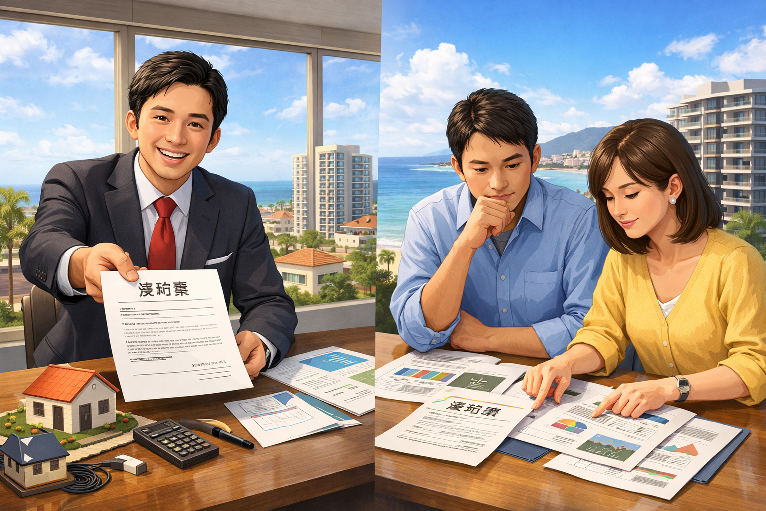 沖縄の不動産売却における営業トークと会社選びをイメージした構図。営業マンが契約書を差し出す場面と、冷静に比較検討する売主を描いたイラスト。背景に沖縄の街並みと海沿いのマンション。
