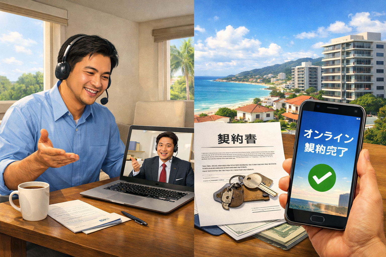 沖縄の不動産売却におけるオンライン契約をイメージした構図。県外オーナーがPCで不動産会社とビデオ通話し、背景に沖縄の海沿いのマンションと契約書・鍵を描いたイラスト。