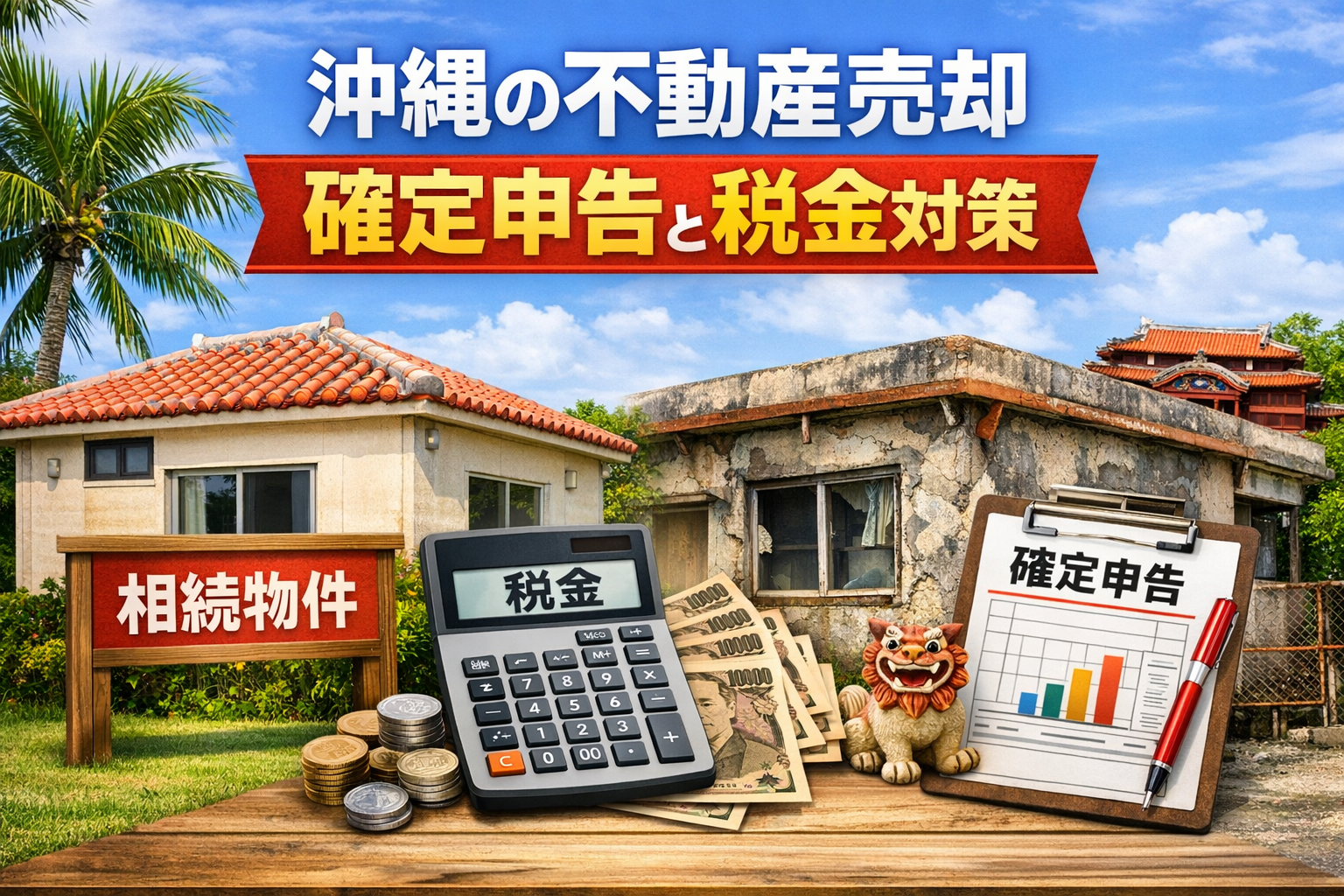 沖縄の不動産売却後の確定申告をイメージした構図。相続物件の家、税金計算の電卓と書類、確定申告書、シーサーと首里城を背景に描いたイラスト。
