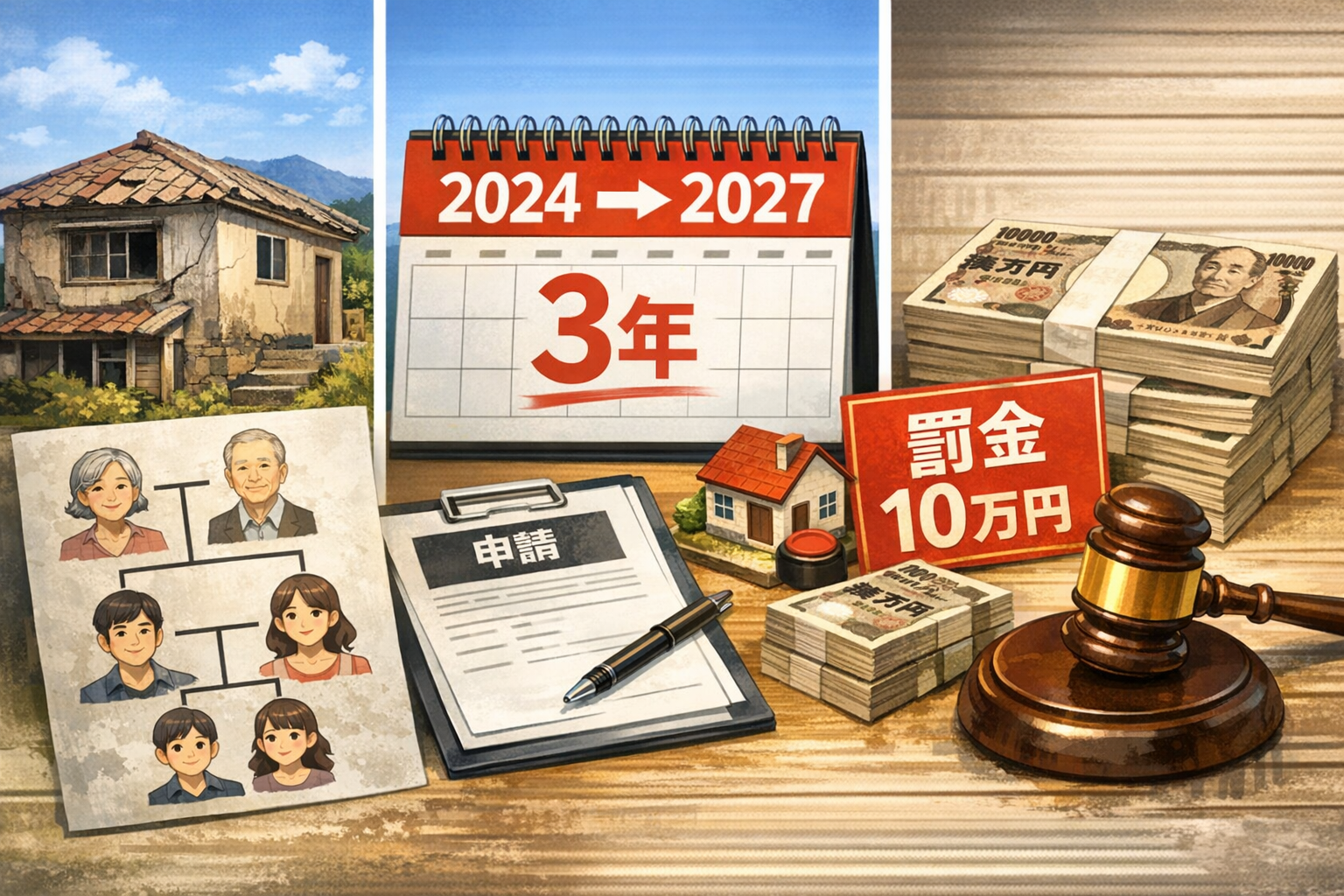 沖縄の不動産売却における相続登記義務化を表現した構図。左に古い家屋と家系図、中央に登記申請書類とカレンダー、右に罰金10万円の札と木槌を描いたイラスト。