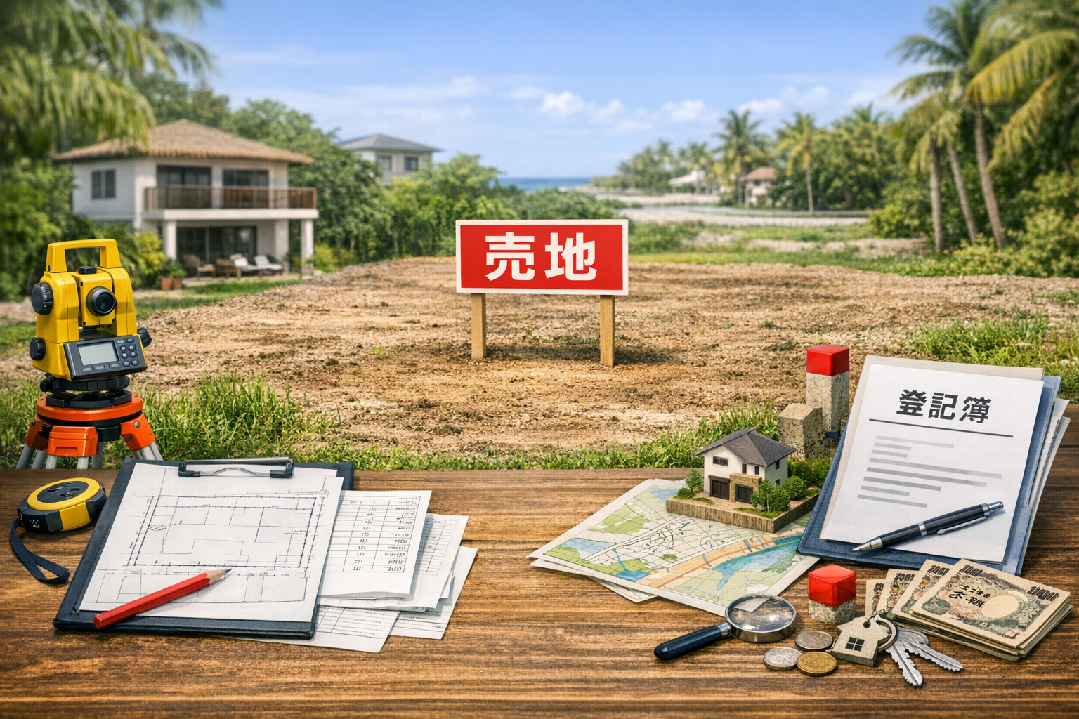 沖縄の土地売却をテーマにした構図。左に測量機器と図面、中央に売地の更地、右に登記簿・境界標・地図・住宅模型・現金を配置したイラスト。