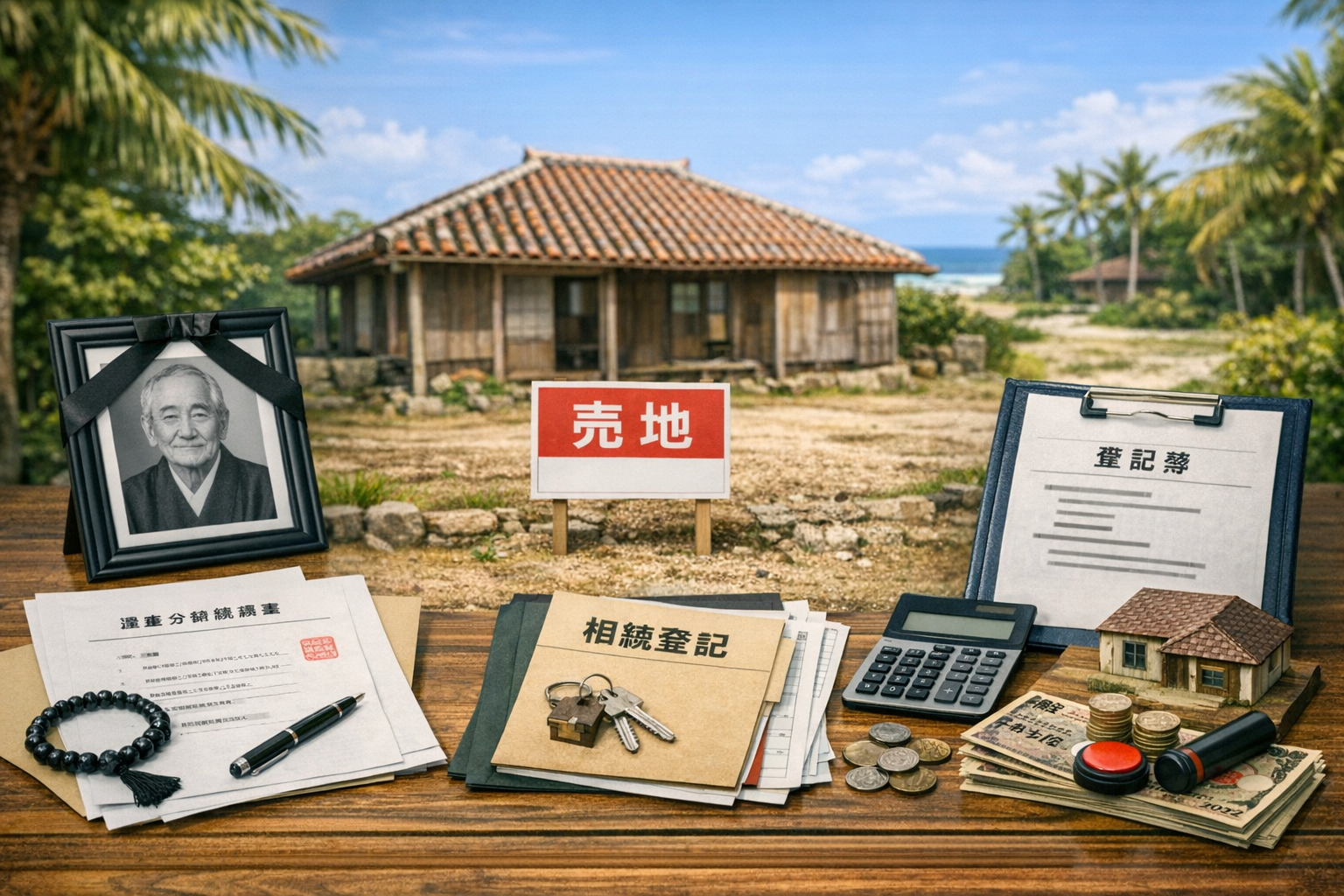 沖縄の相続不動産売却をテーマにした構図。左に遺影と遺産分割協議書、中央に古民家と相続登記書類・鍵、右に登記簿・電卓・現金・印鑑を配置したイラスト。