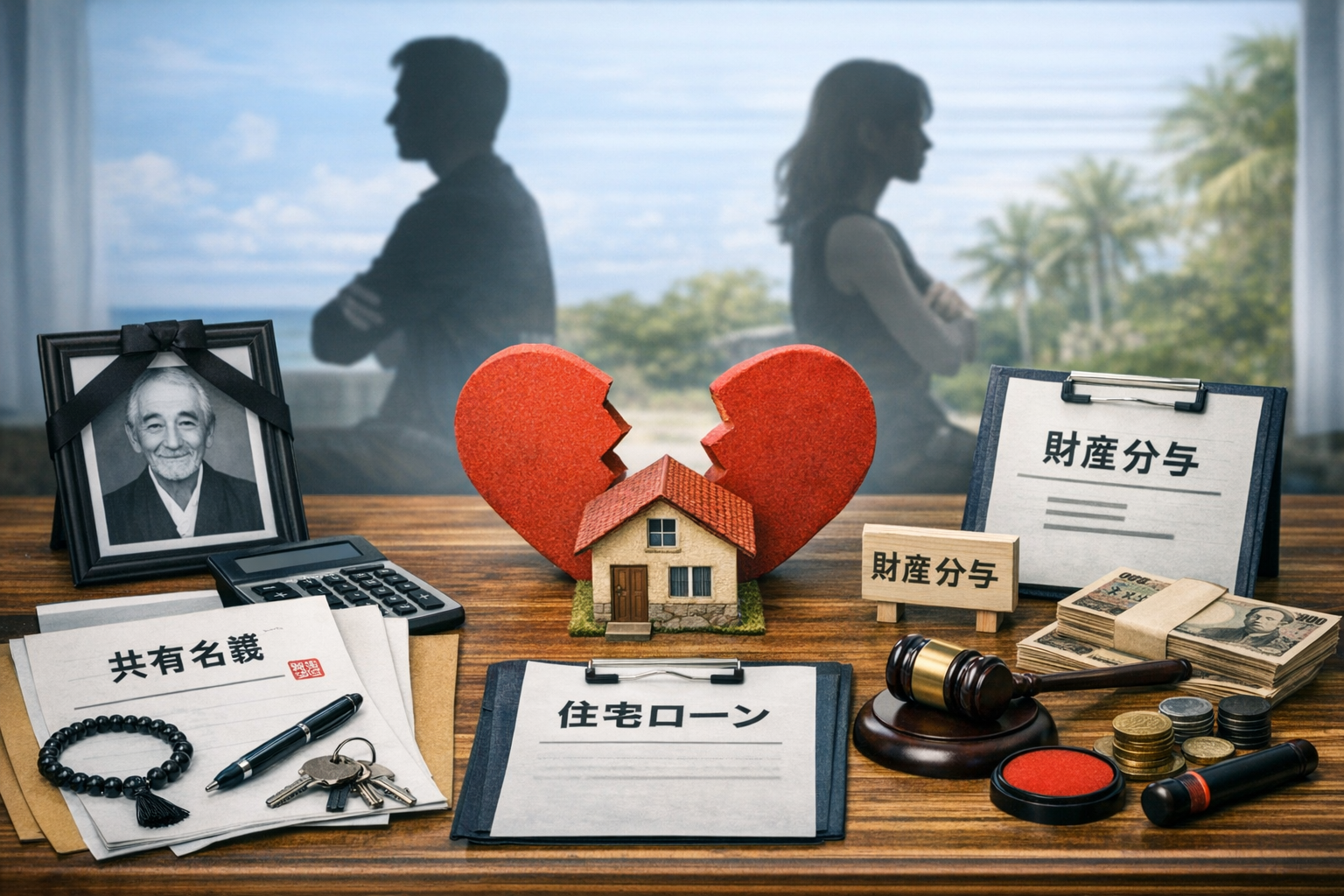 沖縄の離婚時不動産売却をテーマにした構図。中央に割れた赤いハートと家の模型、左に離婚届・指輪・共有名義書類・鍵、右に財産分与の札・現金・判子・木槌を配置したイラスト。