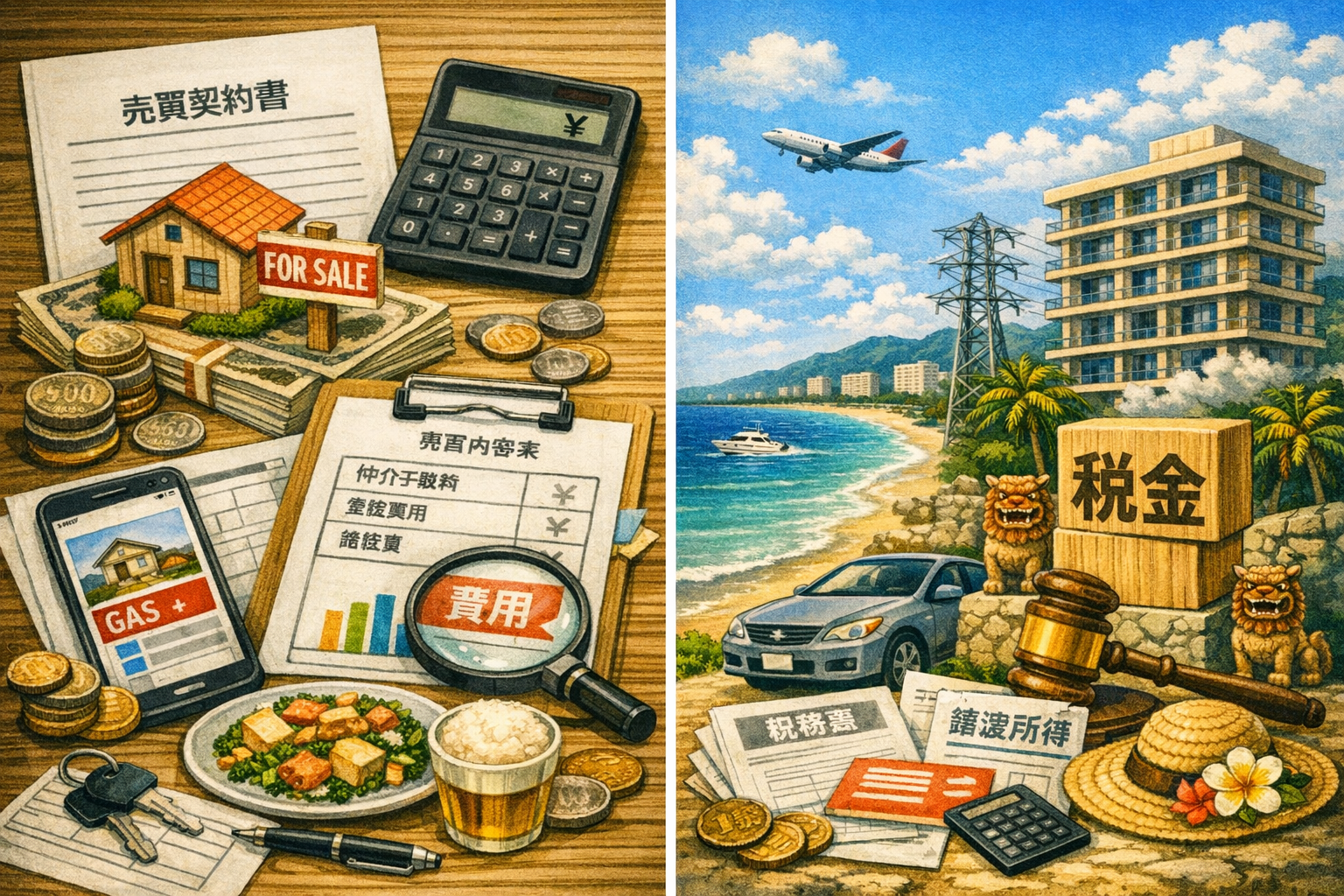 沖縄の不動産売却にかかる費用と税金をイメージした構図。売買契約書、家の模型、電卓、税金の書類、海辺のマンションを描いたイラスト。