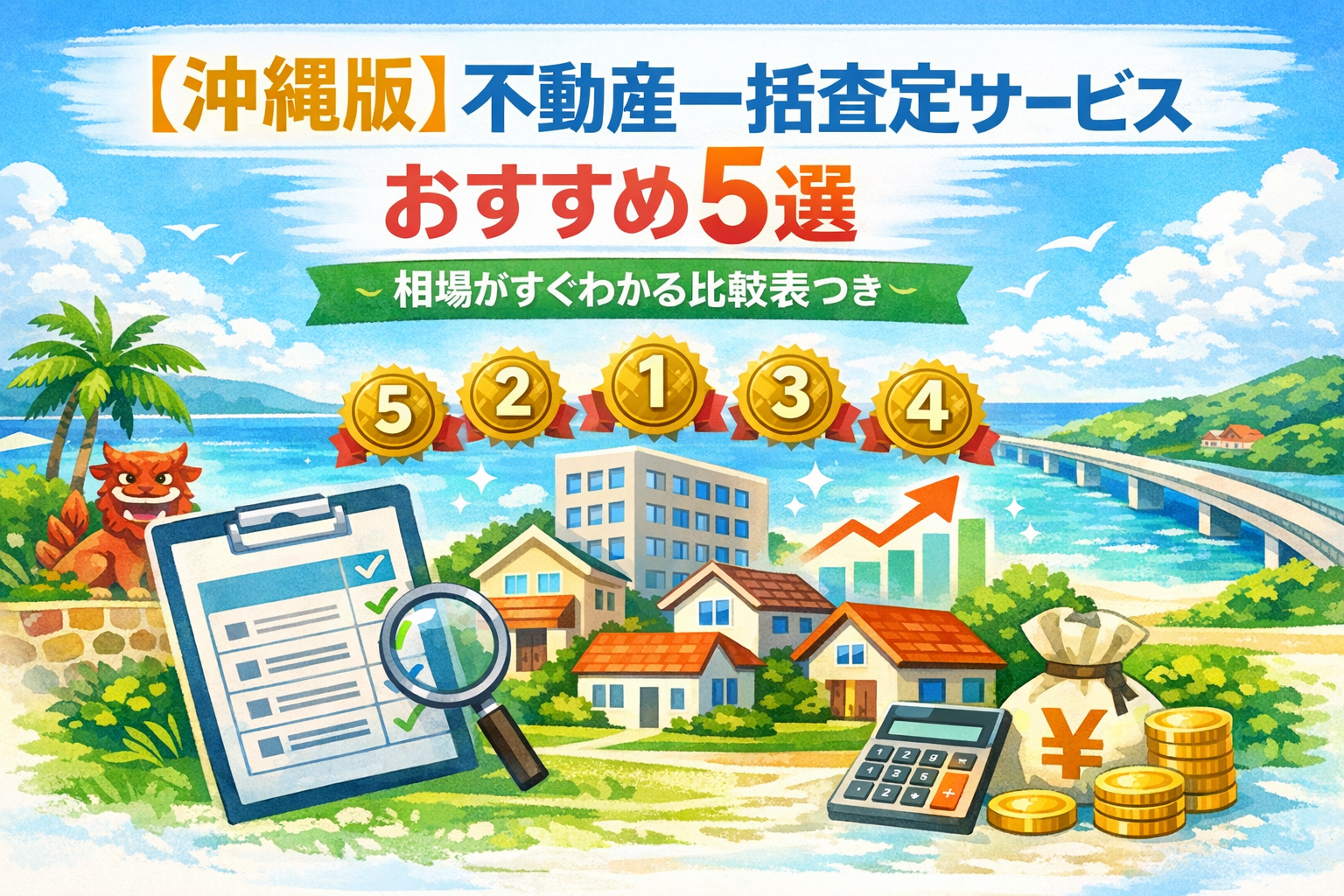 沖縄の海と街並みを背景に、不動産一括査定サービスを比較するイメージ画像。家や比較表、通貨アイコンが描かれたデザイン